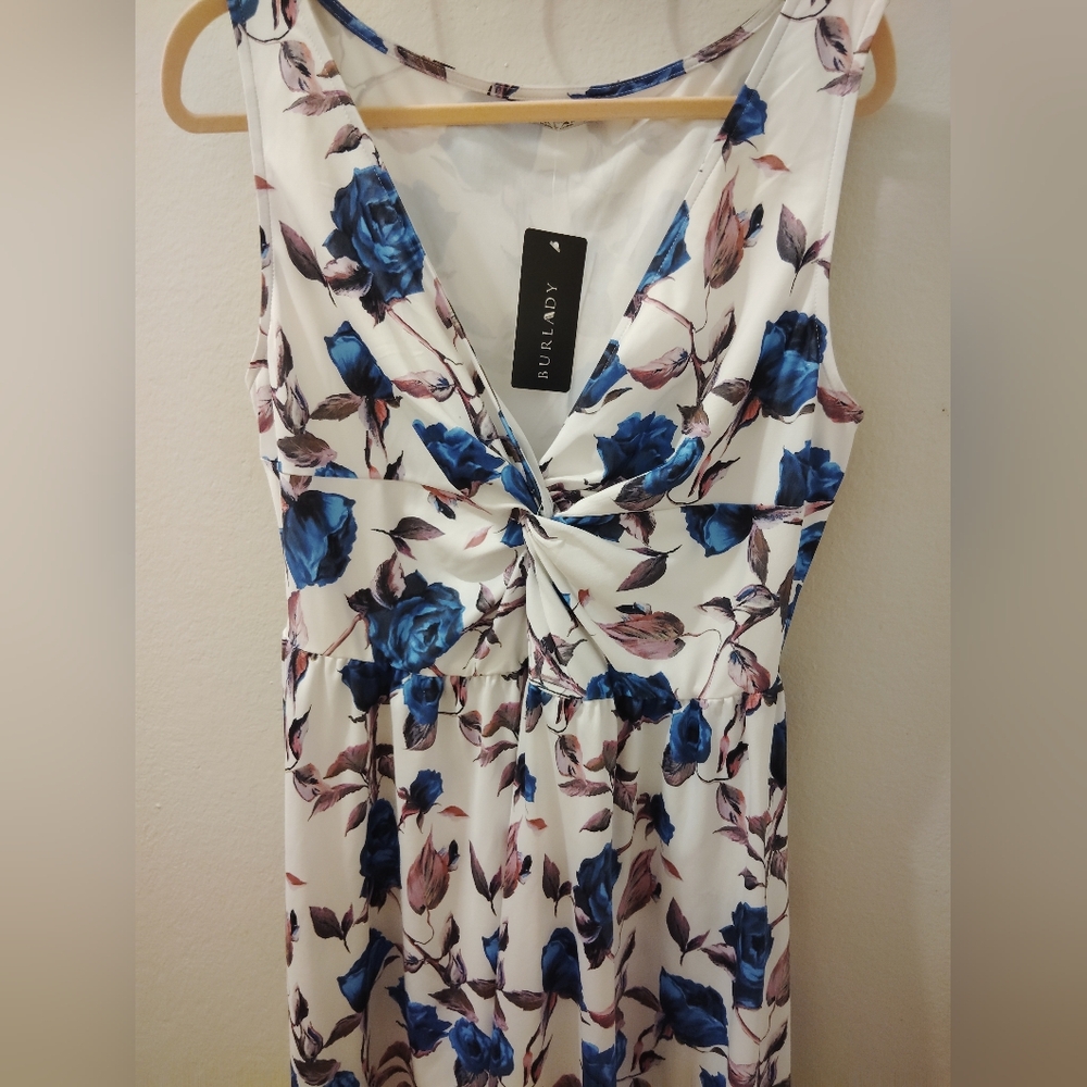 Burlady Floral Midi Dress in White with Blue and Pink by Ever Pretty